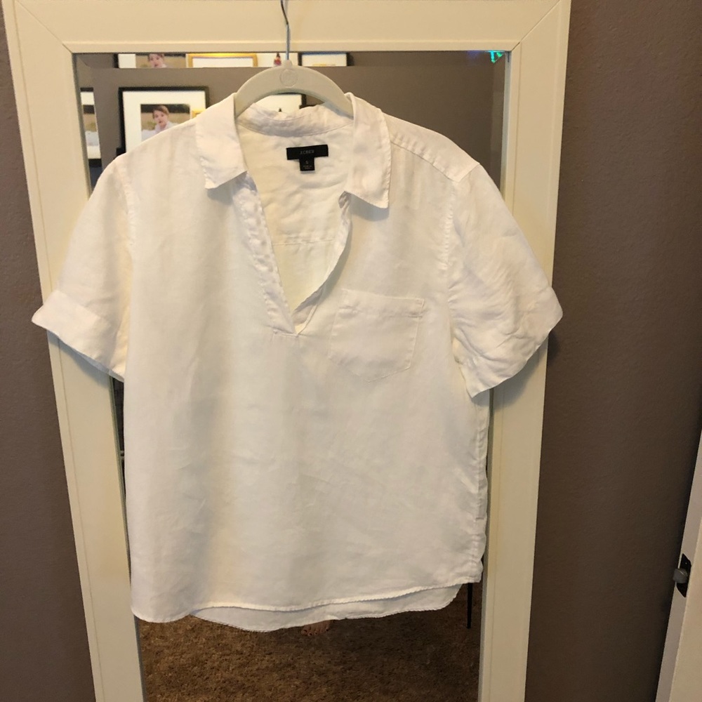 J. Crew White Short Sleeve Collared 100% Linen Top